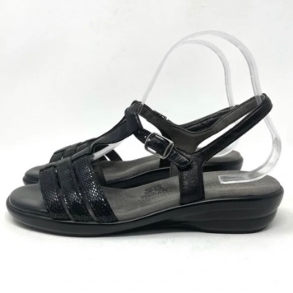 SAS Tripad Comfort Capri T Strap Black Leather Comfort Sandals Size 8.5